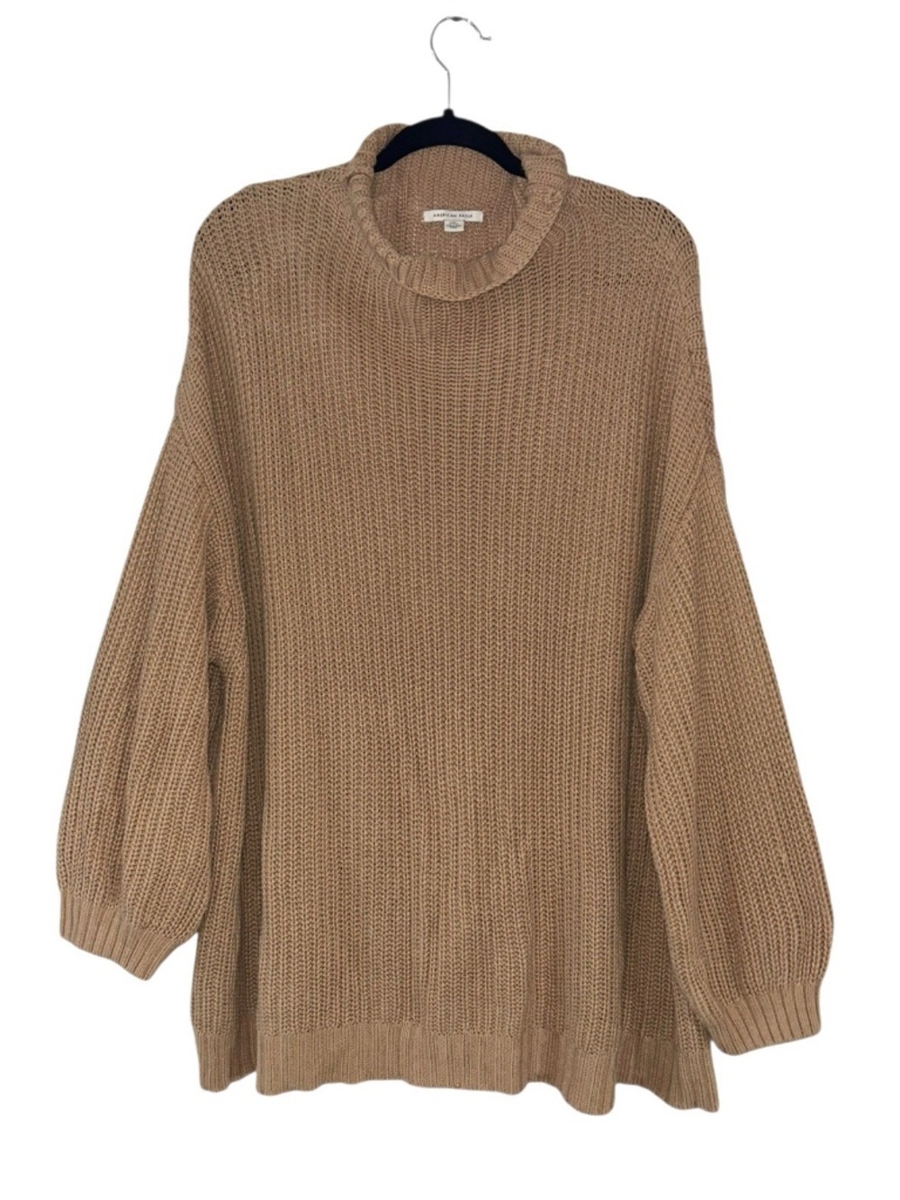 American Eagle Women's Tan Brown Mock Neck Chunky Knit Oversized Sweater L/XL